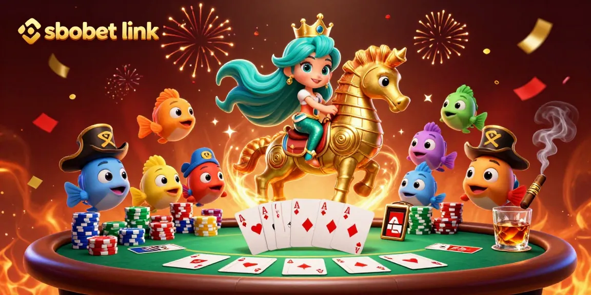Engage with sbobet link for thrilling gameplay with mermaid princess and giant seahorse in vibrant casino scene.