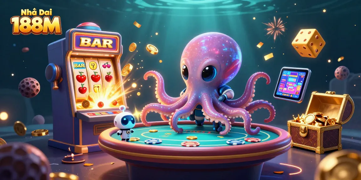 Experience the thrill of Nhà cái 188M with a vibrant alien casino scene featuring slots, poker, and jackpots.