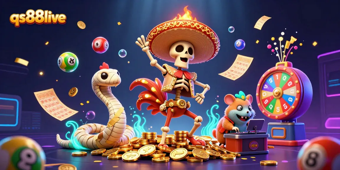 Experience qs88live's vibrant casino atmosphere with dancing characters, colorful games, and golden prizes.