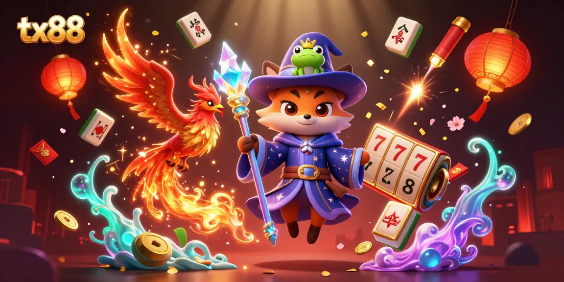 Experience the magic of tx88 through an enchanting 3D scene with a wizard fox, phoenix, and gambling elements.