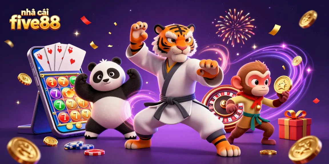 Witness the excitement at nhà cái five88 with a kung fu tiger and panda in a lively casino scene.